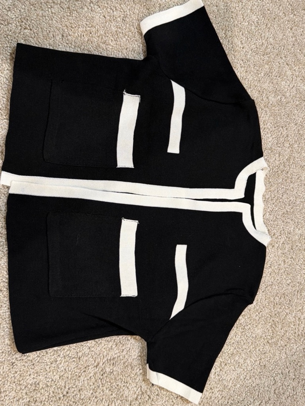 SHEIN Black Short-Sleeve Knit Cardigan with White Trim